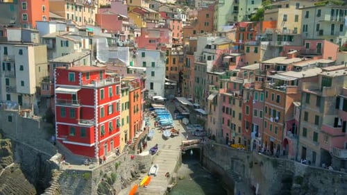 Aerial 4K footage of Riomaggiore, Cinque Terre in Italy.