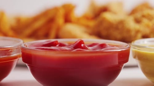 Close Up Shot of Hand Dipping Wings Into Wings Tasty Set of French Fries Chicken Wings Nuggets and