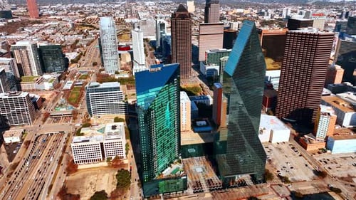 Aerial view of Dallas uptown on sunny day. Modern lively scenery of American metropolis.