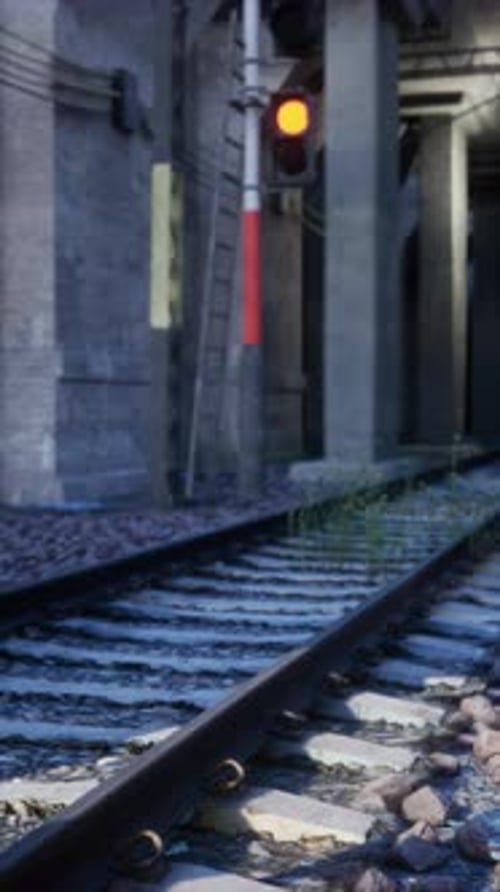 Abandoned Train Track With Red Light