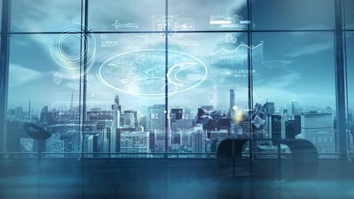 Futuristic Digital Data Interface in Office Window