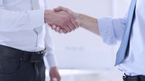 Businessmen shaking hands in office environment