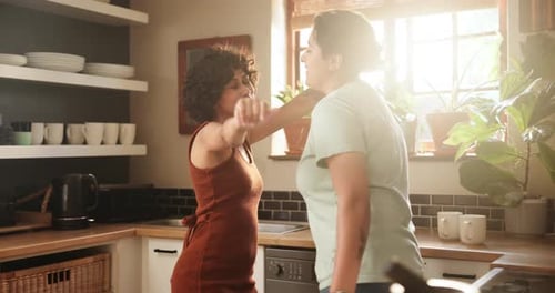 Home, dancing and lesbian couple with love, support and happiness with lens flare