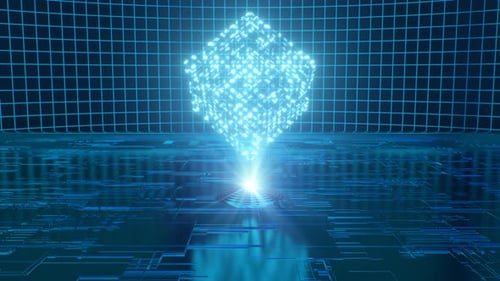 Digital Data Cube Sci-Fi Light Hologram Technology Blockchain Concept - 4K