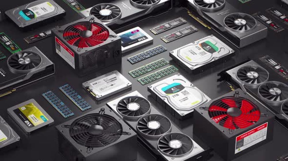 PC Computer Hardware Components in a Row 3d Animation, Miscellaneous ...