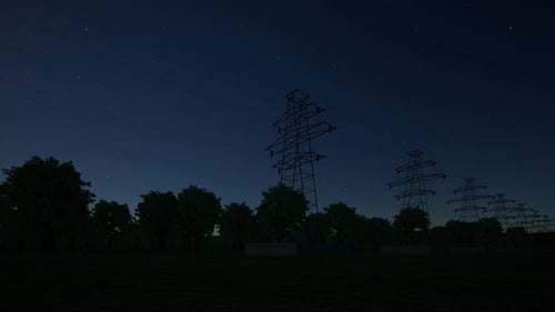 Electric Energy Pulses Through Power Lines at Night