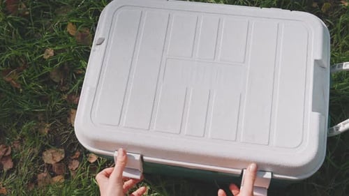 White Camper levanta la tapa de la nevera, que revela una abundancia de pan, hojas y limones envueltos en tela roja, acogedores