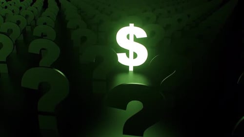 Animated Glowing Dollar Sign Amidst Question Marks