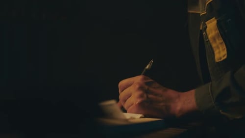 A male engineer works with drawings lying on the table, using a pencil