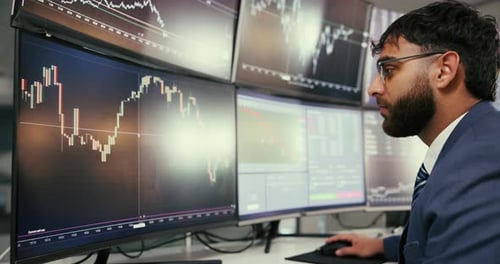 Business, man and trader with computer for stock market, financial trading