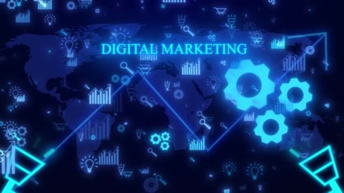 Digital Marketing Global Background With Glowing Tech Icons