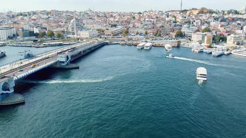 Drone view of Istanbul in Turkey. Movement of cars, boats and vessels