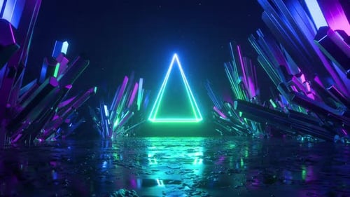 Pirâmide linear virtual colorida gira e voa para frente ao longo da estrada escura