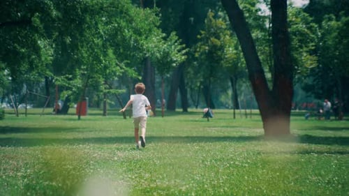 Energetic Elementary Age Boy Run at Green Lush Field on Sunny Day