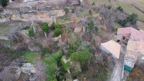 Panoramic drone view of old medieval beautiful traditional style stone houses in historic center