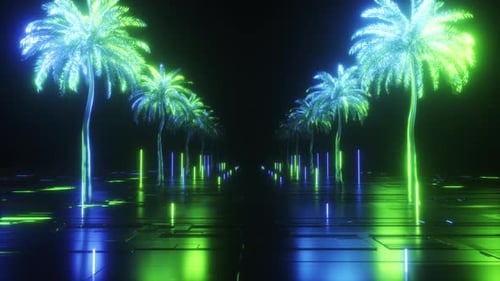 Palmiers luminescents au néon et fond de synthwave routière