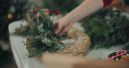 Close Up Of Christmas Wreath Decorated For Christmas Holidays