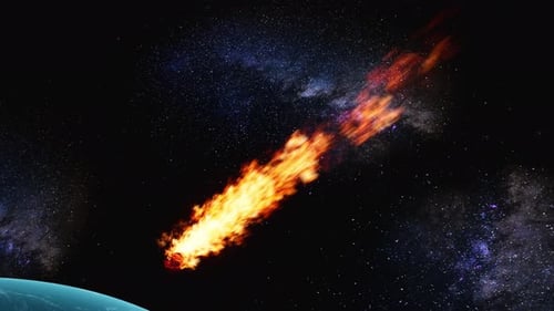 Flaming Meteor Crashing into Planet from Outer Space