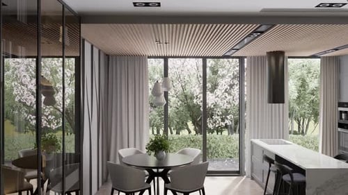 Modernes Studio-Apartment mit offenem Wohnzimmer und Küche. 3D-Rendering