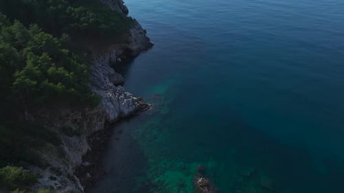 Aerial Video of a Coastal Area With Lush Trees a Rocky Beach and Clear Azure Waters Under a Bright