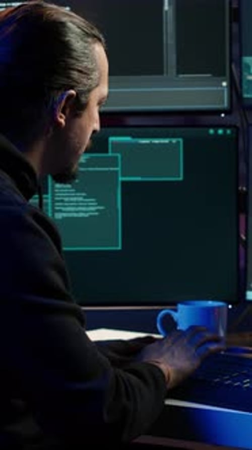 Vertical Video Hacker Typing Fast on Keyboard Rushing to Finish Developing Spyware Software