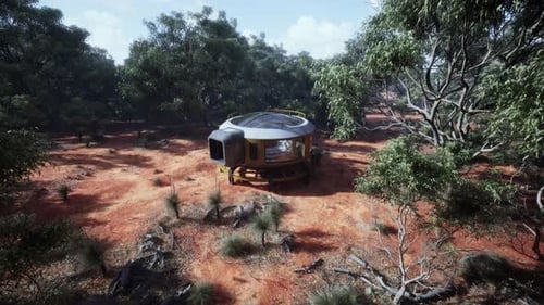 Futuristic Sci-Fi Exploration Pod Rotating in Natural Arid Landscape