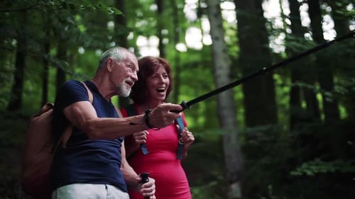 Senior Tourist Couple with Backpacks on a Walk in Forest in Nature