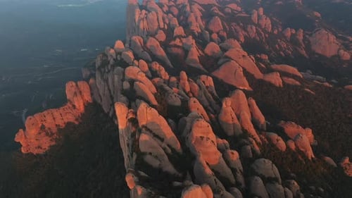 Aerial views of Montserrat peaks, a mountain range in Catalonia. Unique Montserrat mountains