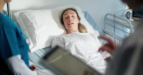 Doctor, tablet and sick woman in hospital bed with healthcare report, medical advice and progress