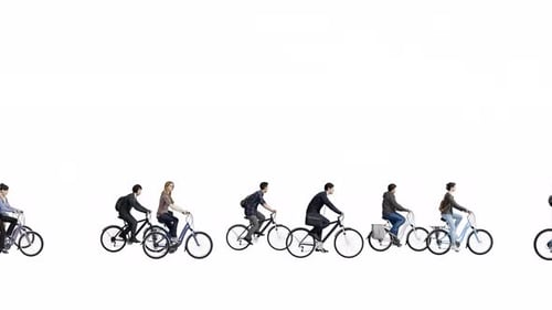 Group of 3d People Riding Bicycles in Side View on Alpha Transparent Background