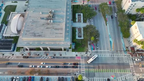 View From Above of Wide Multilane Road with Driving Vehicles at Intersection with Traffic Lights