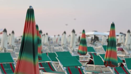 Colorful umbrellas on a sandy beach, summer background establisher