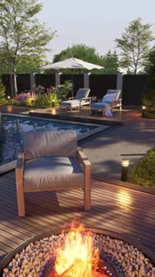 Swimming pool with equipped relaxation area. 3D rendering