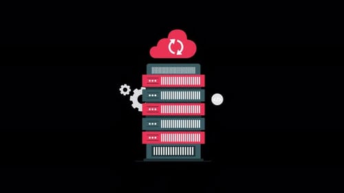 Animated Flat Design Server Rack with Cloud and Gear Icons