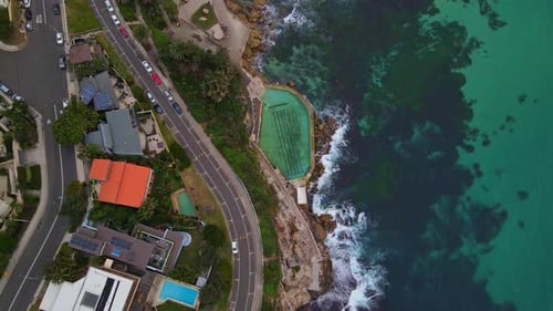 Top View Of Bronte Baths And Coastal Road Of Calga Place At The Oceanfront Of Bronte Beach In New So