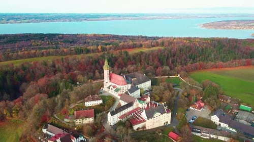 Aerial view of Andechs Abbey, Germany.