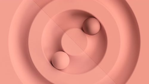 Drei pastellrosa Kugeln, die in einem Kreis auf einer weichen Oberfläche gerollt sind. 3D-Animation von oben