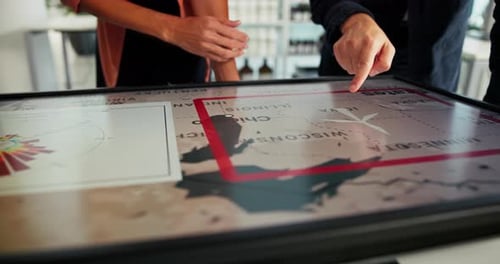 Man, explain and screen with map in office for global selection, location target