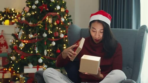Woman Opening Christmas Present by Decorated Tree