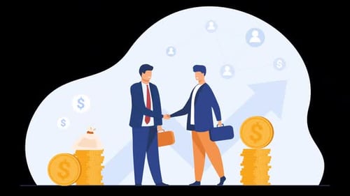 Two Businessmen Shake Hands While Coins Fall From The Sky On Alpha Channel