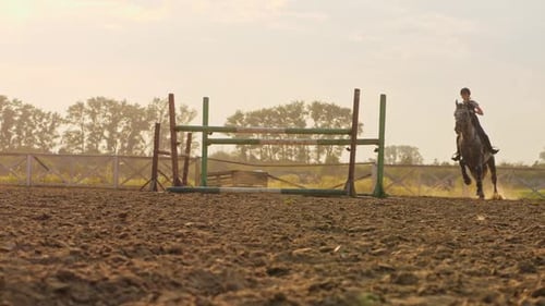Superzeitlupe einer Jockeyfrau, die auf einem Pferd über die Barrieren springt
