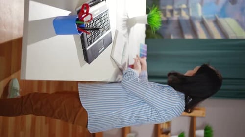 Vertical Video Female Freelancer Work Standing Desk Work Close Up