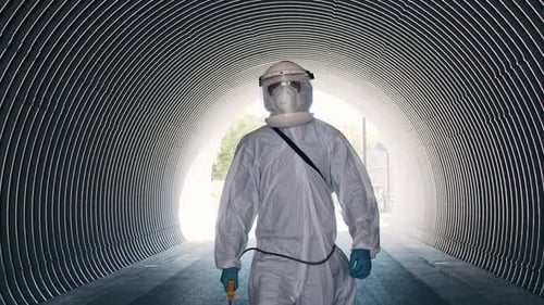 Mann im Schutzanzug desinfiziert U-Bahn-Tunnel mit einem antiseptischen Sprühgerät Oberflächenbehandlung aufgrund von