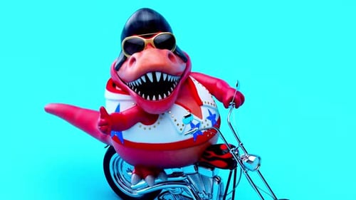 Animation de dessin animé 3D amusante d'un Trex sur une moto