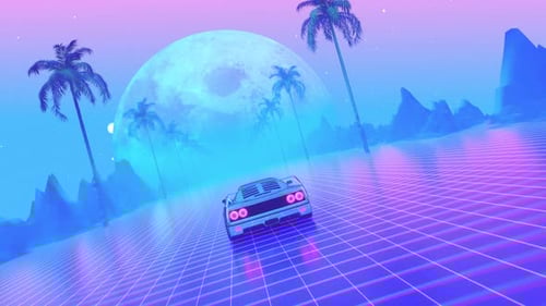 80s Car Drives Fast On Neon Road Loop