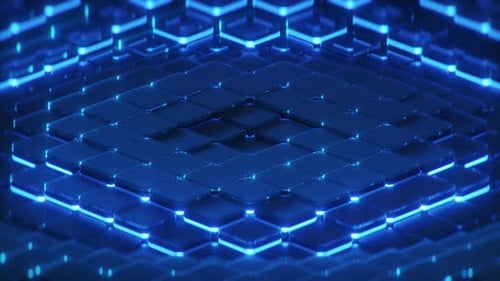 Grid Of Glass Squares And Blue Lights. Seamless Loop 3 D Render Animation