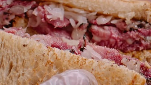Pastrami sandwich, meat and bread, close up