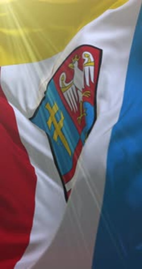 Realistic Vertical Flag with Coat of Arms Waving Loop
