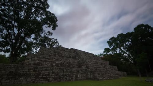 Sunrise timelapse in ancient Mayan structures built of stone at UNESCO site. Copan Ruinas, Honduras.
