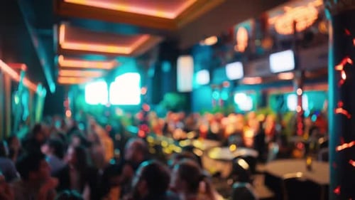 Blurred Crowd Scene in Brightly Lit Indoor Venue